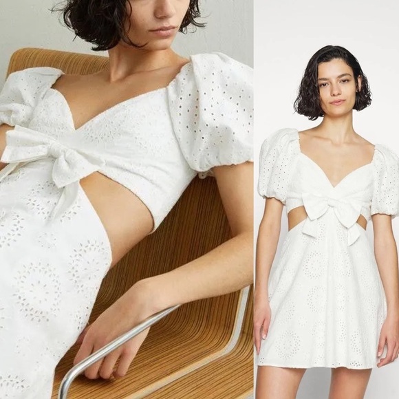 Alice + Olivia Women’s Queenie Bow Puff Sleeve Eyelet Mini Dress - Picture 1 of 13